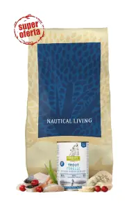 Karma dla psa Nautical Living – łosoś, pstrąg, śledź | Essential Foods 10kg  Puszka 800g Isegrim GRATIS